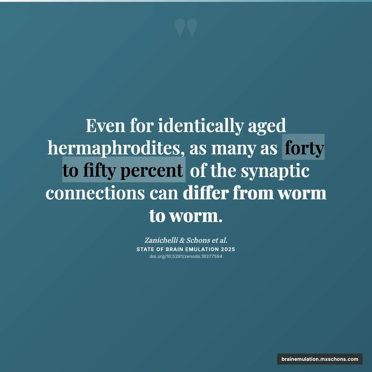 Quote: 40-50% of synaptic connections differ between identical worms